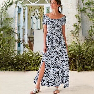 SOFT SURROUNDINGS Marcelo Gauze Smocked Maxi Dress in Cheetah Multi Size 1X